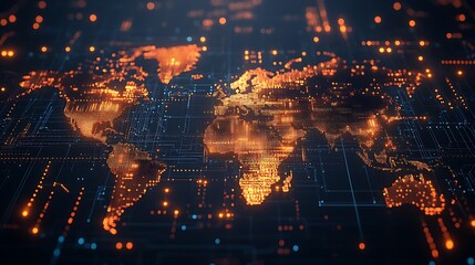 Illuminated world map depiction composed of digital circuits and data points