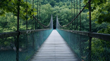 Serene Suspension Bridge Surrounded by Lush Green Forest Landscape
