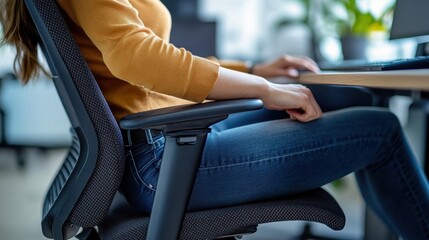 Woman working at a desk while sitting in an office chair