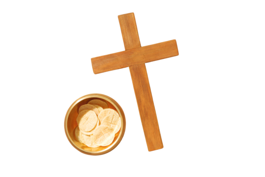 PNG, Eucharist, wooden cross with host plate, isolated on white background - Powered by Adobe