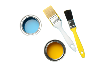 PNG, Paint, paint cans and brushes, top view, isolated on white background