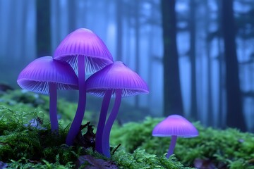 Enchanted forest glade with bioluminescent mushrooms glowing in teal and violet misty air swirling ancient oaks dripping with moss ethereal night scene of wonder