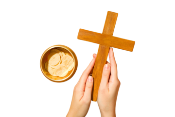 PNG, Eucharist, wooden cross in hands with a plate of hosts, isolated on white background