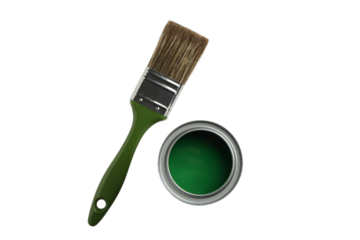 PNG, Paint, green paint in a metal can with a brush, top view, isolated on a white background