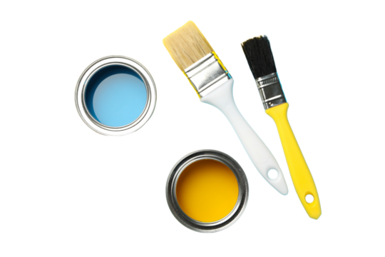 PNG, Paint, paint cans and brushes, top view, isolated on white background