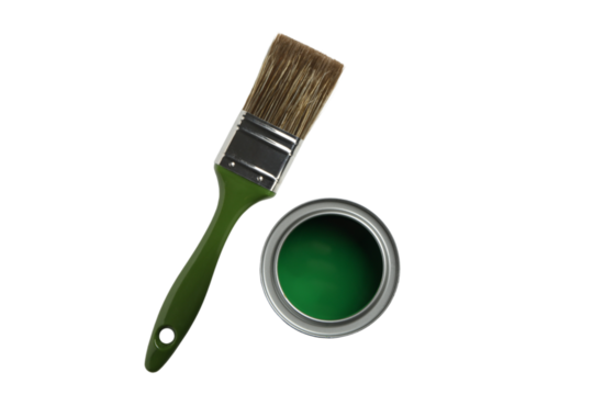 PNG, Paint, green paint in a metal can with a brush, top view, isolated on a white background