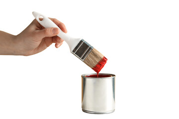 PNG, Paint, hand with paintbrush and can of red paint, isolated on white background