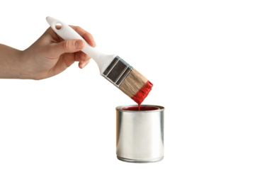 PNG, Paint, hand with paintbrush and can of red paint, isolated on white background