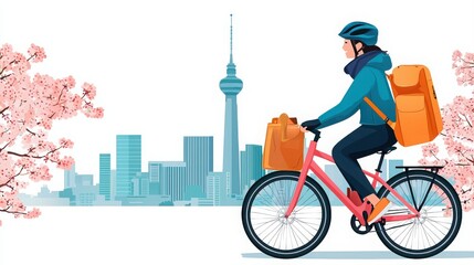 A cyclist rides past cherry blossoms with a city skyline in the background.