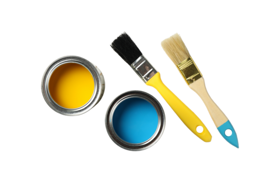 PNG, Paint, cans of paint and painting tools, top view, isolated on white background