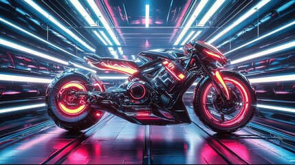 Futuristic electric motorcycle in neon-lit garage. (2)