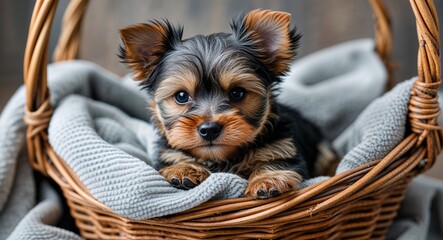 Tiny Yorkshire Terrier Puppy Resting in Wicker Basket with Soft Blankets