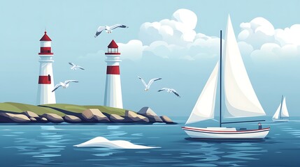 Two lighthouses and sailboats grace a sunny coastal seascape scene