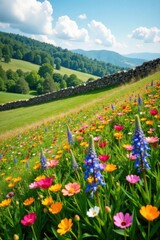 Obraz premium Wildflowers in a field with old stone walls and rustic fences, wall, nature