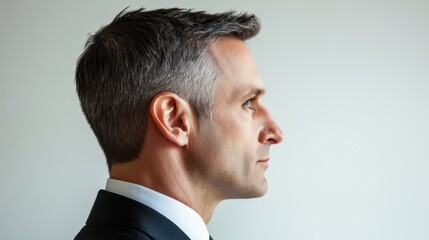 Fototapeta premium Profile of a Man in a Suit, serious expression, side view, graying hair