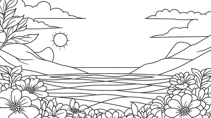Fototapeta premium A serene black and white illustration of a scenic coastal landscape