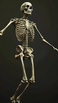 Human skeleton model in dynamic pose showcasing anatomical details and structure against a dark background