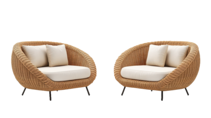 A set of three wicker chairs and a couch are shown on a white background