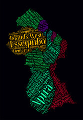 Guyana Word Cloud. Region names of the country in English language. Bright neon style design on dark background. Guyana shape with administrative division. Beautiful vector illustration.