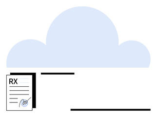 Prescription paper with signature pointing to cloud storage concept for efficient medical records. Ideal for healthcare, data sharing, digital transformation, patient care, cloud computing, medical