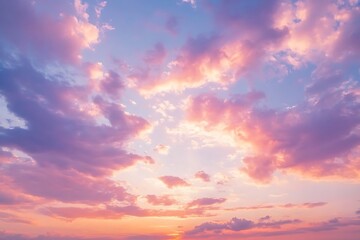 Obraz premium Stunning sunset sky with fiery orange pink and purple streaks wispy clouds glowing softly evoking tranquil