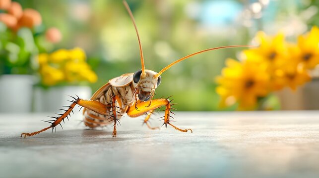 Close up photography of a cockroach scurrying across a kitchen counter at night its antennae twitching as it explores the surface