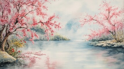 Fototapeta premium Misty Riverbank with Pink Blossoms
