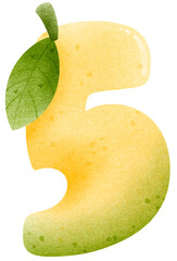 Watercolor cartoon of mango number 5 with leaves, 
Number hand drawn for kids
