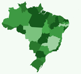 Map of Brazil with states. Just a simple country border map with state division. Green color palette. Flat Brazil shape with administrative division. Vector illustration.