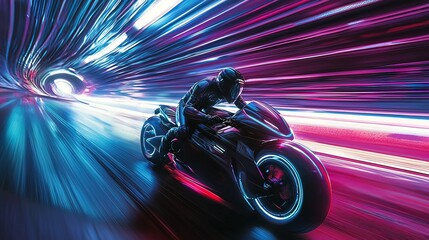 Futuristic motorcyclist speeding through a vibrant neon tunnel.