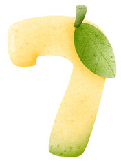Watercolor cartoon of mango number 7 with leaves, 
Number hand drawn for kids