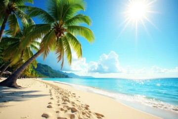 Obraz premium Warm sandy beach with palm trees under sunlit sky, vintage style, sunset