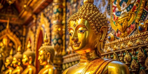 Fototapeta premium Golden Buddha Statue Macro Photography, Bangkok Temple, Thailand - February 2023