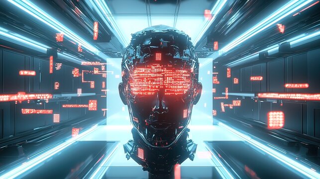 Futuristic robotic head with glowing digital data streams in a technological environment.