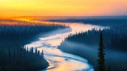 River rapids landscapes twilight concept. Serene river winding through misty forests under a vibrant sunset sky.