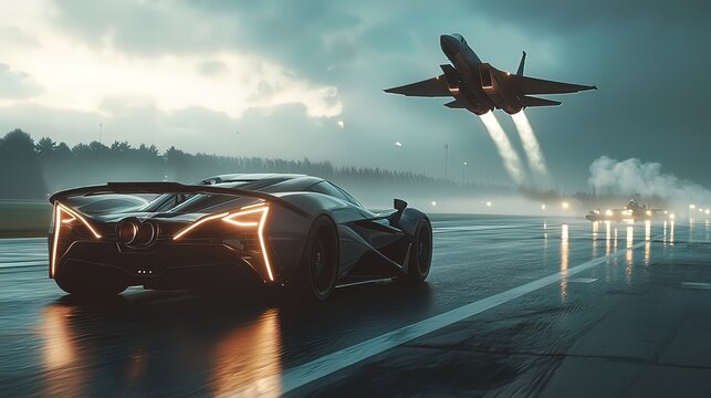 Futuristic sports car and fighter jet on runway.