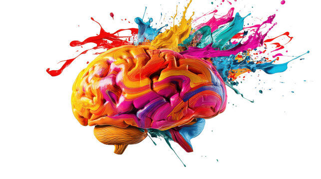 Colorful brain exploding with creativity on transparent background