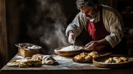 A baker preparing dough with flour in an old style kitchen