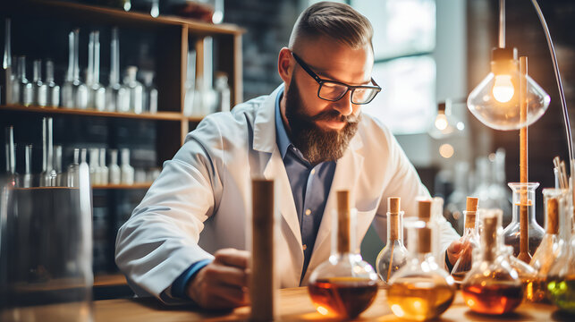 Close-up of a man in a brightly lit laboratory engaged in energy paradigm research with modern equipment and scientific focus.