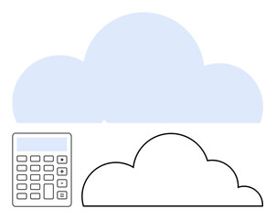 Blue cloud shape, outlined cloud, calculator symbolizing computation and storage. Ideal for technology, finance, cloud computing, data analysis, digital tools innovation connectivity. Flat simple