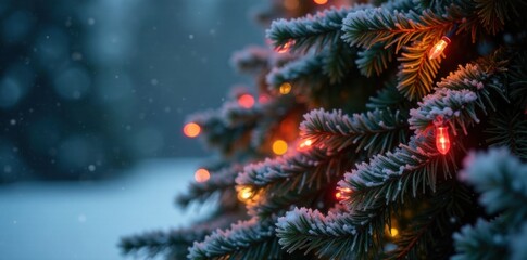 Tangled Christmas lights on a frosty evergreen tree, twinkling lights, frosty pine, colors
