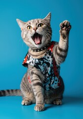 Playful cat in stylish outfit posing against a vibrant blue background