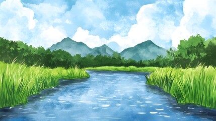 Fototapeta premium Serene River Landscape Watercolor Painting of Mountains Sky and Water