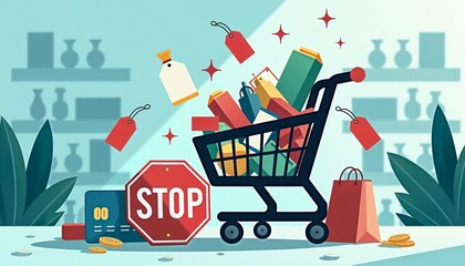 Overflowing shopping cart with stop sign and price tags in vector style representing impulse buying