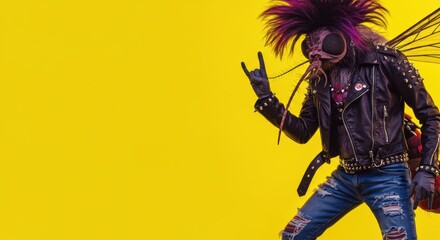Obraz premium Punk rock insect hybrid: edgy style meets nature on vibrant yellow background