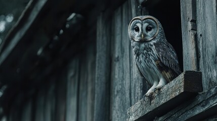 A striking owl observing from a wooden window opening