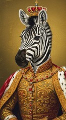 Regal zebra in royal attire with crown on ornate gold background