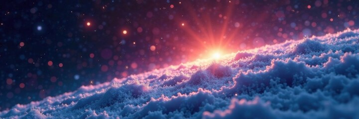 Fototapeta premium Starlight shining through snowflakes on a planet's surface, stars, planet, snow