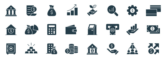 Finance and Banking filled Icon set Vector. Illustrations of Banking and Investment Icons