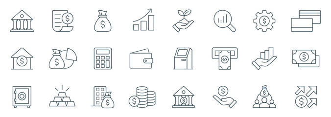 Banking and Investment line Icon Set. Illustration of Finance and Banking Icons Vector